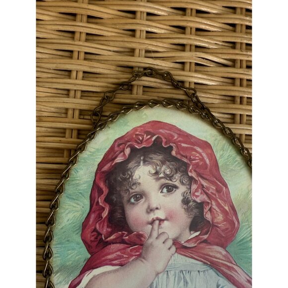 Vintage 80's Pair Victorian Girls, St Bernard Dog Brass Chain Frame Wall Decor - Picture 12 of 13